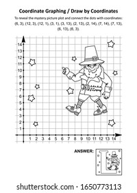 Coordinate graphing, or draw by coordinates, math worksheet with St Patrick's Day mystery picture "L is for Leprechaun": To reveal the mystery picture plot and connect the dots with given coordinates.