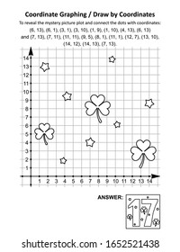 Coordinate graphing, or draw by coordinates, math worksheet with St Patrick's Day mystery picture of number 17 for March seventeenth. Answer included.