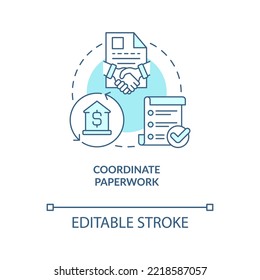 Coordinate paperwork turquoise concept icon. Real estate contract. Documents control abstract idea thin line illustration. Isolated outline drawing. Editable stroke. Arial, Myriad Pro-Bold fonts used