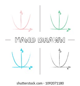 Coordinate system with parabola hand drawn icons set. Algebra. Axis system. Color brush stroke. Isolated vector sketchy illustrations