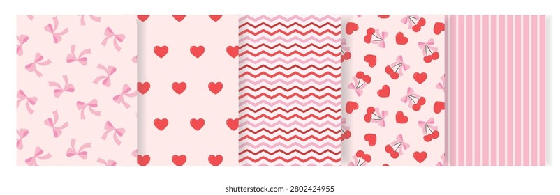 Coordinated seamless pattern set with pink ribbon bows, red hearts, chevron stripe, cherries and pinstripe design on blush background, sweet Valentine coquette print for fabric and stationery.