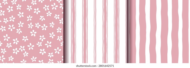 Coordinated set of seamless pink patterns combining floral motifs and hand drawn stripes. Soft pastel collection suitable for fabric prints, wrapping paper, nursery decor, scrapbook backgrounds and surface pattern design.