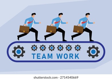 Trabalho em equipe coordenado: homens de negócios em execução em uma ilustração de vetor plano 2d correia transportadora de fluxo de trabalho automatizado