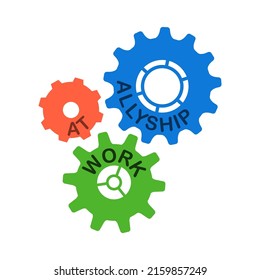 Coordinated work of three gears with different teeth. The concept of cooperation, diversity and teamwork regardless of the difference. Allyship at work. Vector illustration