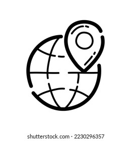 Coordinates on the planet doodle icon. Hand drawn symbol. Vector illustration.