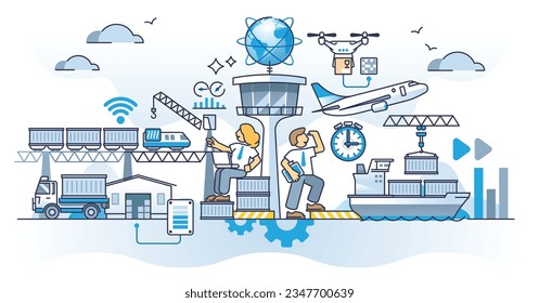 Concepto del esquema de coordinación de la gestión de los sistemas de logística y transporte. Trabajo eficaz y rápido de la compañía de suministros para la ilustración de vectores de distribución internacional. Flujo de transporte de carga.