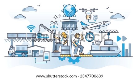 Coordinating logistics and transportation system management outline concept. Supply company effective and fast work for international distribution vector illustration. Cargo freight movement flow.