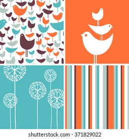 Coordinating spring patterns and design elements with retro birds, flowers, stripes