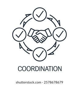 Coordination action.Working together. Vector linear icons isolated on white background.