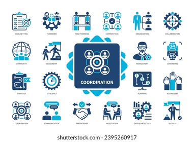 Coordination icon set. Goals, Collaboration, Management, Common Task, Partnership, Strategy, Teamwork, Leadership. Duotone color solid icons