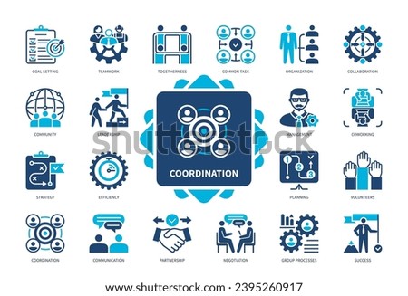 Coordination icon set. Goals, Collaboration, Management, Common Task, Partnership, Strategy, Teamwork, Leadership. Duotone color solid icons