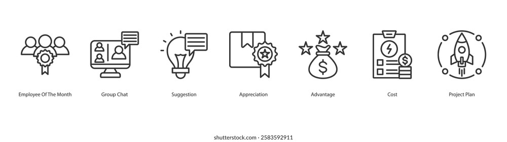 Coordination Icon Sheet Employee Of The Month, Group Chat, Suggestion, Appreciation, Project Plan, Advantage, Cost