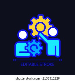 Coordination pixel perfect RGB color icon for dark theme. Group project development. Cooperation for work. Simple filled line drawing on night mode background. Editable stroke. Arial font used
