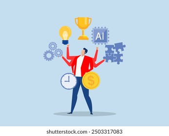 Coordination skill,businessman  working skill to reach winning trophy.Skill development for career growth to success leadership ladder or job improvement, experience or motivation to succeed concept