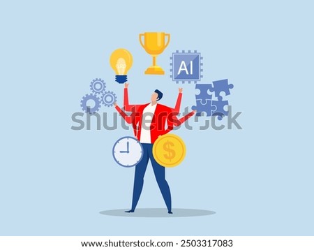 Coordination skill,businessman  working skill to reach winning trophy.Skill development for career growth to success leadership ladder or job improvement, experience or motivation to succeed concept