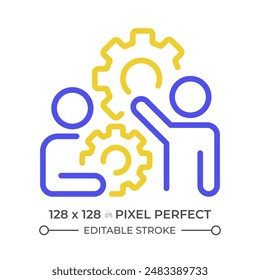 Icono de línea de dos colores. Símbolo de contorno bicolor de compañeros de equipo y engranajes. Trabajo eficiente. Trabajando juntos. Proceso de negocio. Pictograma lineal de duotono. Ilustración aislada Trazo editable