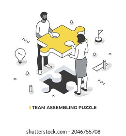 Coordination when working in a team. Team member install the missing piece of the puzzle. Vector isometric illustration 