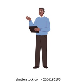 Coordinator or manager standing with notebook controlling process. Isolated male character working on project. Businessman or director. Vector in flat cartoon style
