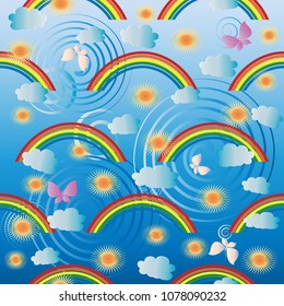 Coorful baby seamless pattern. Vector light blue cute background. Sky, rainbow, sun, butterflies, swirls. Beautiful design for baby wallpapers, fabric, textile, clothes, prints. Happy summer holidays.
