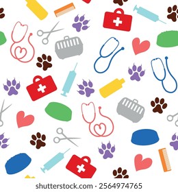 Coorful Pattern of Veterinary and Pet Shop Items - Colored Silhouettes of Footprints, Carrying Box, Syringe, Stethoscope, Food, Scissors and more. Seamless Link.