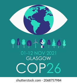 COP 26 Glasgow 2021 Banner, Vektorgrafik. Poster, Flyer, Klimakonferenz, die von der berühmten Organisation der Vereinten Nationen veranstaltet wird. Erde im großen Auge, Atmosphäre, Bäume