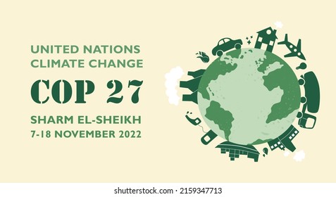 COP 27 in Sharm El-Sheikh, Ägypten. Klimakonferenz der Vereinten Nationen. November 2022 wird der internationale Klimagipfel sein. Flaches, Vektorgrafik-modernes Banner.