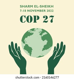 COP 27 en Sharm El-Sheikh, Egipto. Conferencia de las Naciones Unidas sobre el cambio climático. Los días 7 y 18 de noviembre de 2022 se celebrará una cumbre internacional sobre el clima. Banner moderno vector plano.