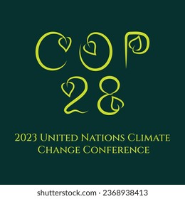 COP 28. Annual United Nations Climate Change Conference. 30 Nov - 12 Dec 2023, Dubai, United Arab Emirates. Lettering with leaves. International climate summit banner. Vector illustration