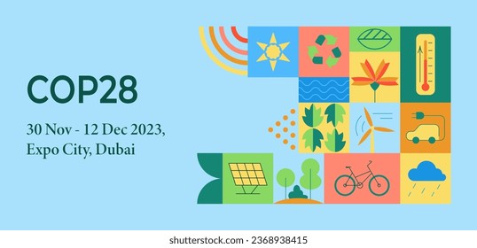 COP 28. Annual United Nations Climate Change Conference. 30 Nov - 12 Dec 2023, Dubai, United Arab Emirates. Abstract simple geometric shapes. International climate summit banner. Vector