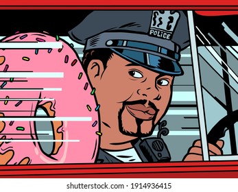 A cop in a car with a doughnut. Cartoon comic book pop art illustration drawing