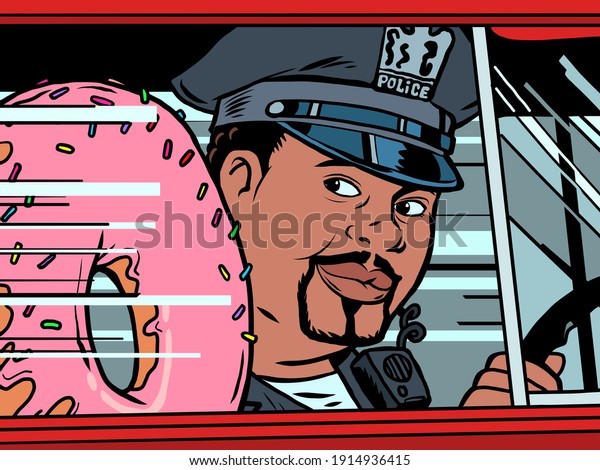 A cop in a car with a doughnut.\
Cartoon comic book pop art illustration\
drawing