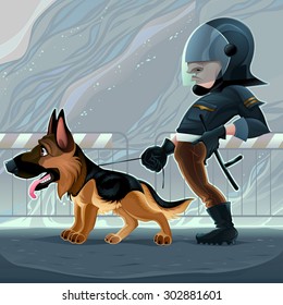 Cop with dog. Vector cartoon illustration