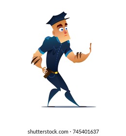 Cop is dragging behind the gun .Cartoon police man scene .  Young and strong police officer . Cartoon style . Flat vector illustration .