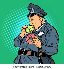 cop eats donut. Pop art retro vector illustration kitsch vintage