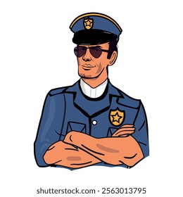 Cop emblem in hand-drawn color in doodle style. Police sketch. Vector illustration.