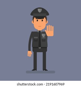 Cop fat shows stop hand gesture. Flat people. Vector Illustration