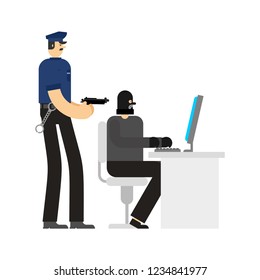 Cop and Hacker works PC Detention. Policeman and Robber internet arrest. Virutal crime. burglar at computer.