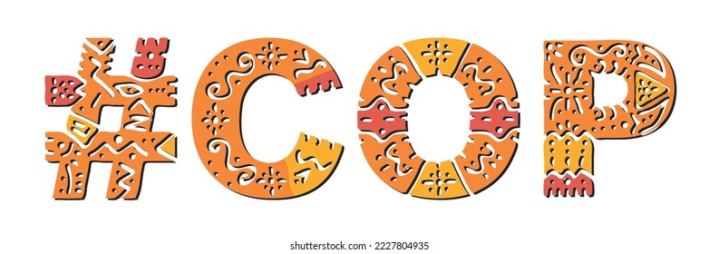 COP Hashtag. Einziger Text mit nationalen ethnischen Ornamenten. Gepflegte Popular Hashtag #COP für Polizei Netzwerk, Web-Ressourcen, mobile App, Spiele, Kleidung, T-Shirt, Banner, adv. Stock-Vektorbild