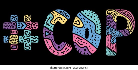 COP Hashtag. Multicolored bright isolate curves doodle letters with ornament. Popular Hashtag #COP for social network, web resources, mobile apps.