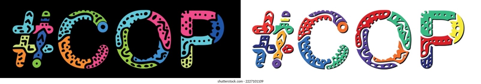 COP Hashtag. Multicolored bright isolate curves doodle letters. Trendy popular Hashtag #COP for Police, print booklet, banner, flyer. Stock vector.