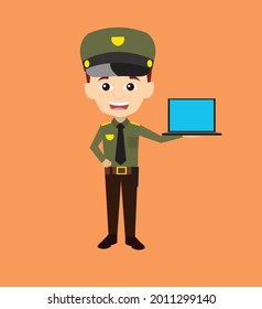 Cop Holding Laptop Flat Vector Cartoon Illustration