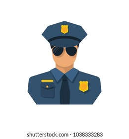 Cop icon flat style design. Police officer avatar. Vector illustration. Isolated on white background. Symbol of security, law and order. Policeman sheriff.