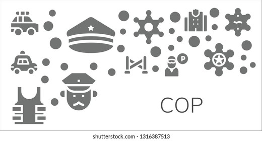 cop icon set. 11 filled cop icons.  Collection Of - Police car, Police hat, Police line, Bulletproof, Guard, Sheriff, Policeman, station