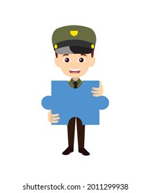 Cop with Jigsaw puzzle Piece Flat Vector Cartoon Illustration