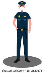 A cop in a medical protective mask standing. Quarantine Control. Coronavirus Prevention. Vector illustration flat design. Isolated on white background.