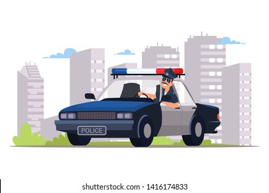 Cop patrolling street flat vector illustration. Smiling police officer driving car with flasher cartoon character. Law enforcer in uniform on duty, Policeman occupation. Happy patrolman in sunglasses