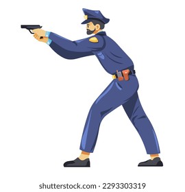 Cop pointing gun, isolated policeman on duty in dangerous situation. Detective or police worker with badge and uniform, copper at work applying force to criminals and villains. Vector in flat style