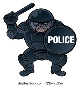 Cop in protective equipment helmet, shield and nightstick