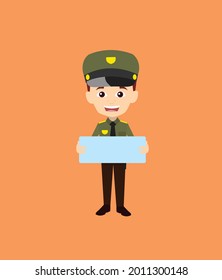 Cop Showing Banner Flat Vector Cartoon Illustration