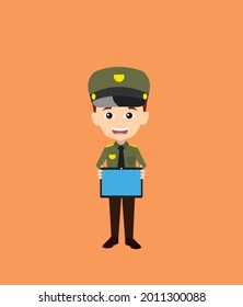 Cop Showing Tablet Flat Vector Cartoon Illustration